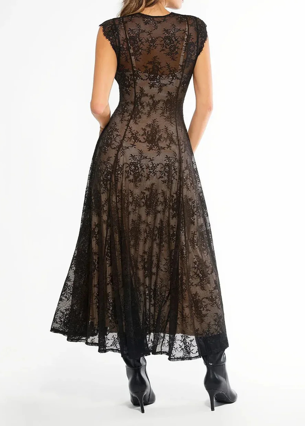 Built-In Bra Waisted Slimming Boho Floral Lace Front Slit Maxi Dress
