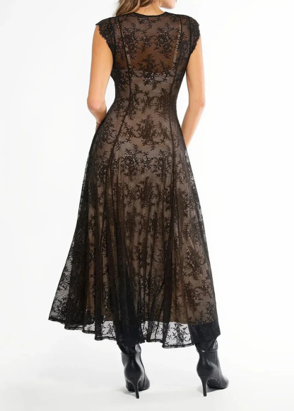 Built-In Bra Waisted Slimming Boho Floral Lace Front Slit Maxi Dress