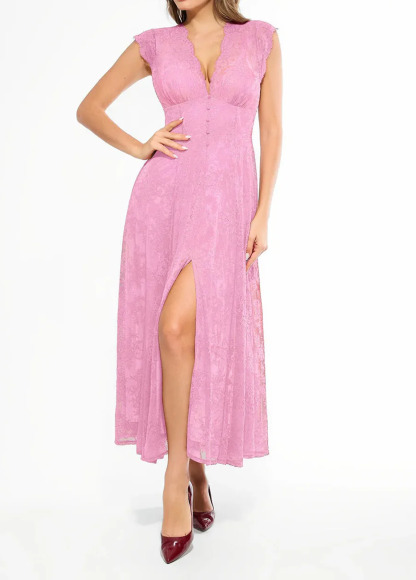 Built-In Bra Waisted Slimming Boho Floral Lace Front Slit Maxi Dress