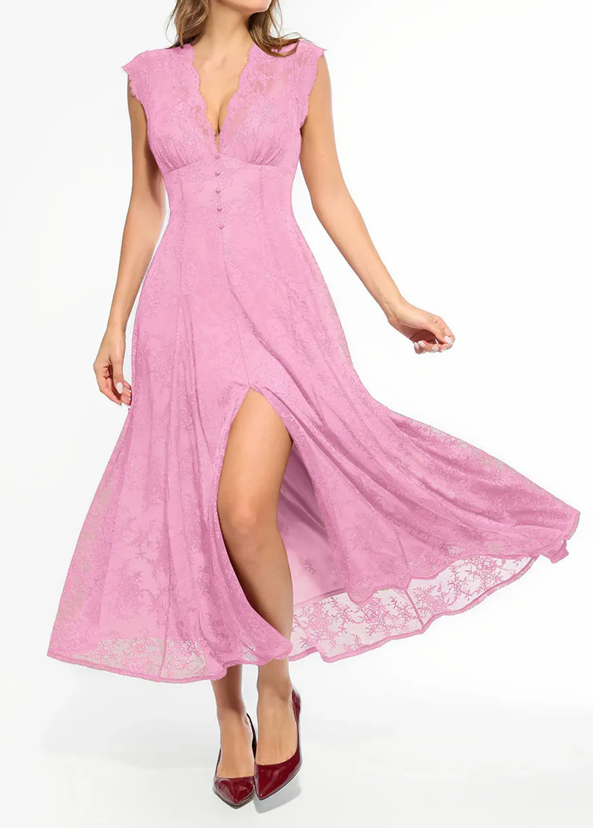 Built-In Bra Waisted Slimming Boho Floral Lace Front Slit Maxi Dress
