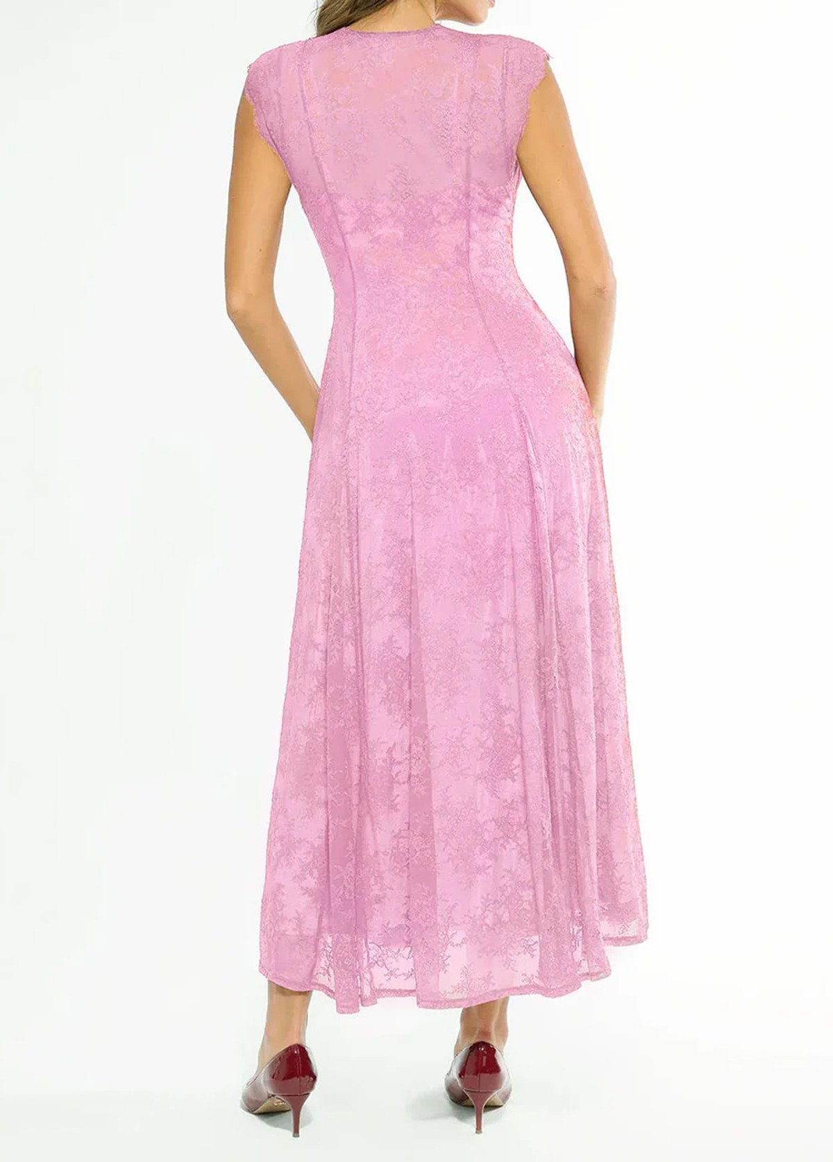 Built-In Bra Waisted Slimming Boho Floral Lace Front Slit Maxi Dress