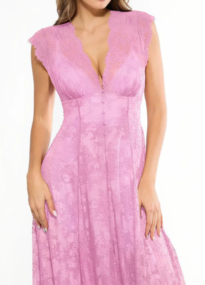 Built-In Bra Waisted Slimming Boho Floral Lace Front Slit Maxi Dress