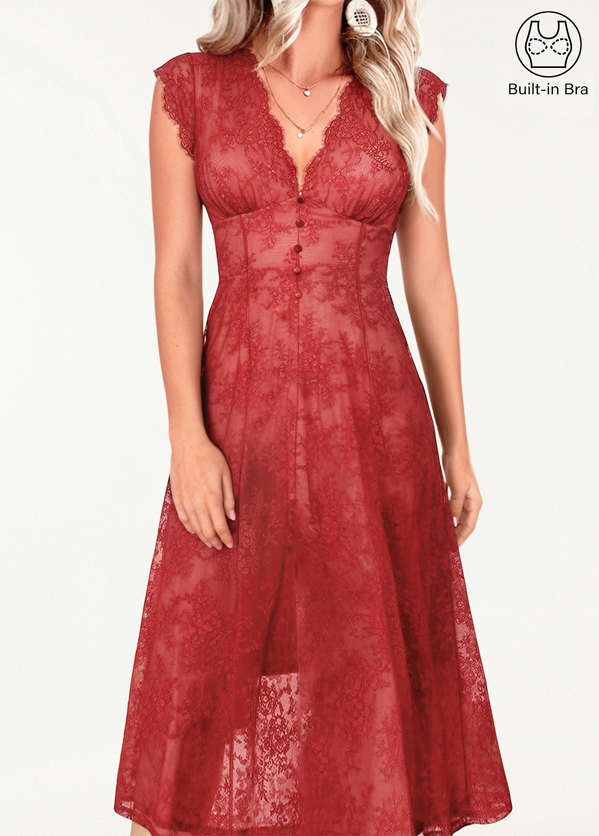 Built-In Bra Waisted Slimming Boho Floral Lace Front Slit Maxi Dress