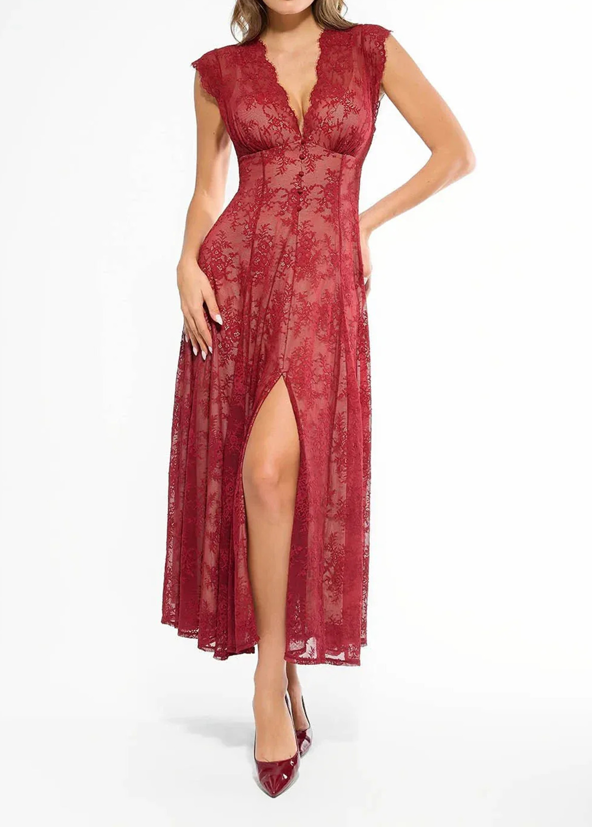 Built-In Bra Waisted Slimming Boho Floral Lace Front Slit Maxi Dress