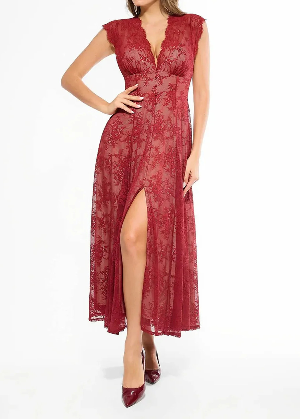 Built-In Bra Waisted Slimming Boho Floral Lace Front Slit Maxi Dress