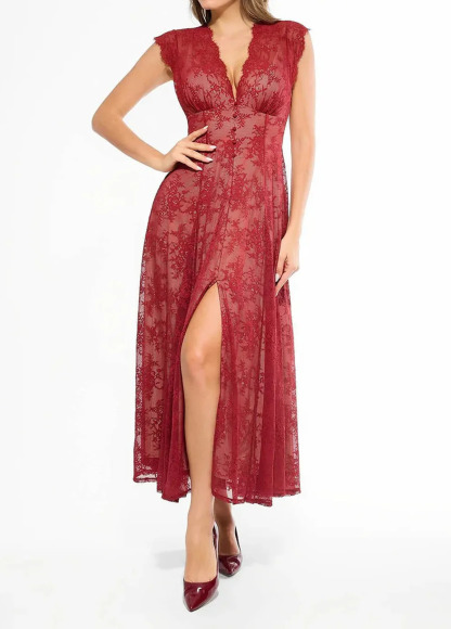 Built-In Bra Waisted Slimming Boho Floral Lace Front Slit Maxi Dress