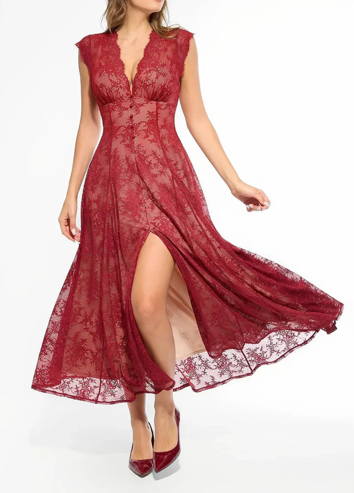 Built-In Bra Waisted Slimming Boho Floral Lace Front Slit Maxi Dress