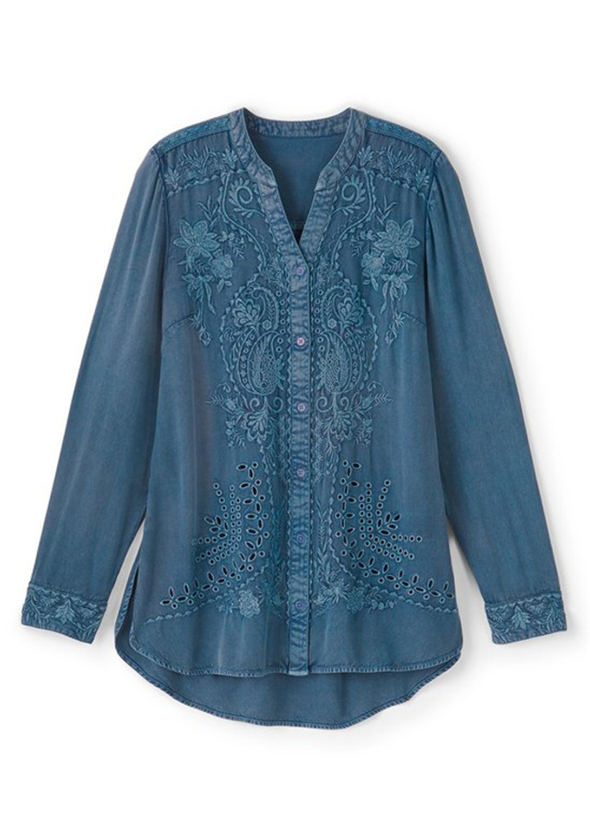 Embroidered Floral Denim High-Waist Slimming Tunic