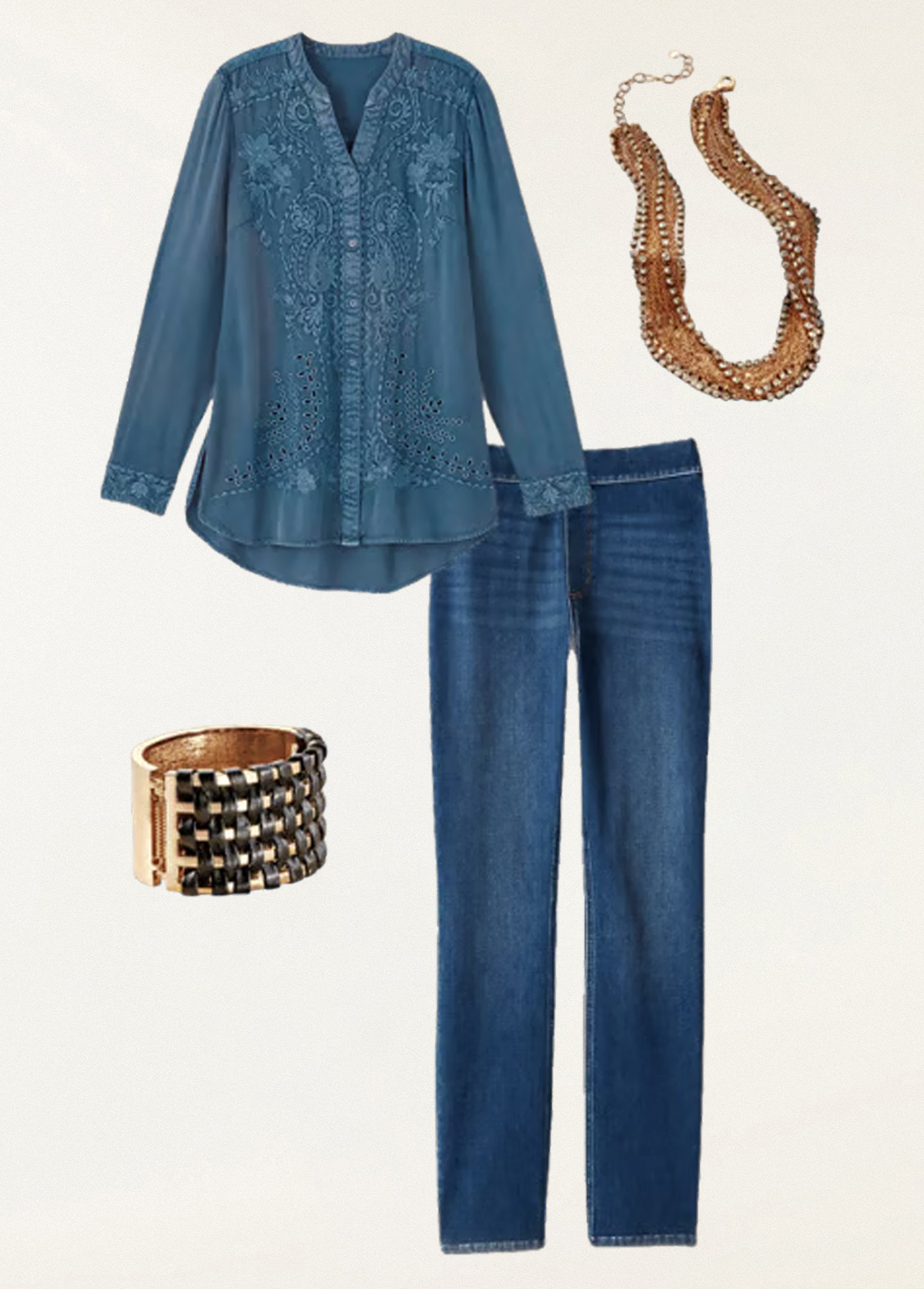 Embroidered Floral Denim High-Waist Slimming Tunic