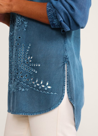 Embroidered Floral Denim High-Waist Slimming Tunic