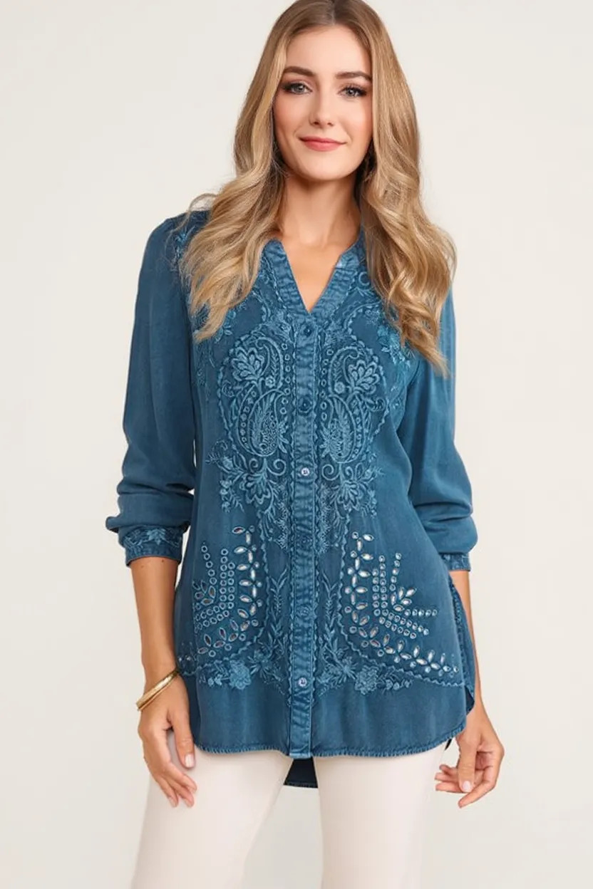 Embroidered Floral Denim High-Waist Slimming Tunic