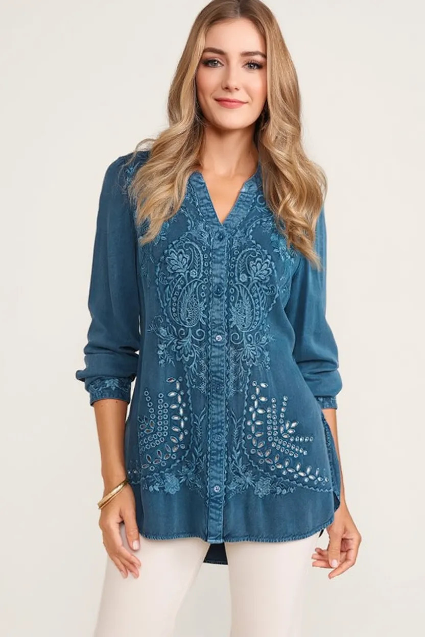 Embroidered Floral Denim High-Waist Slimming Tunic