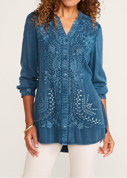 Embroidered Floral Denim High-Waist Slimming Tunic