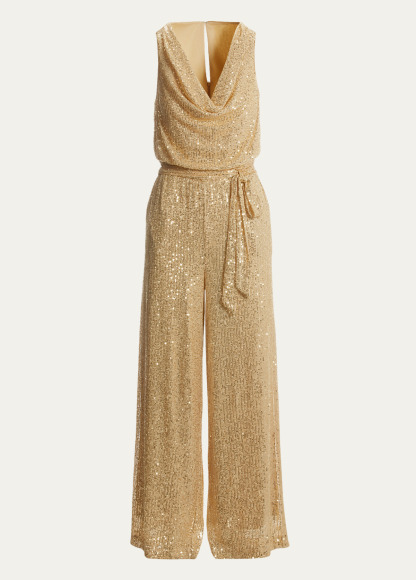 High-Waist Slimming Sequin Cowl Draped Jumpsuit