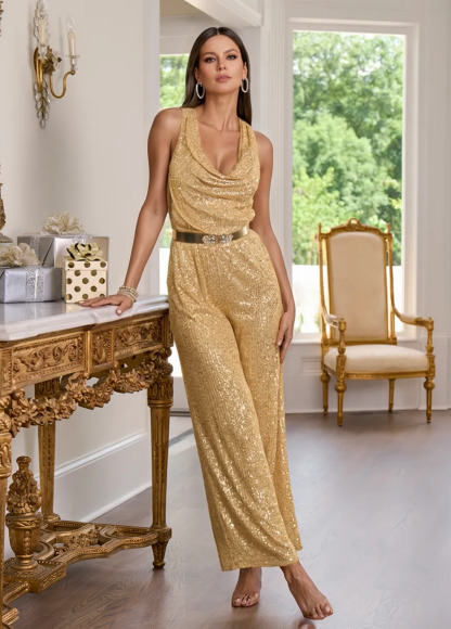 High-Waist Slimming Sequin Cowl Draped Jumpsuit