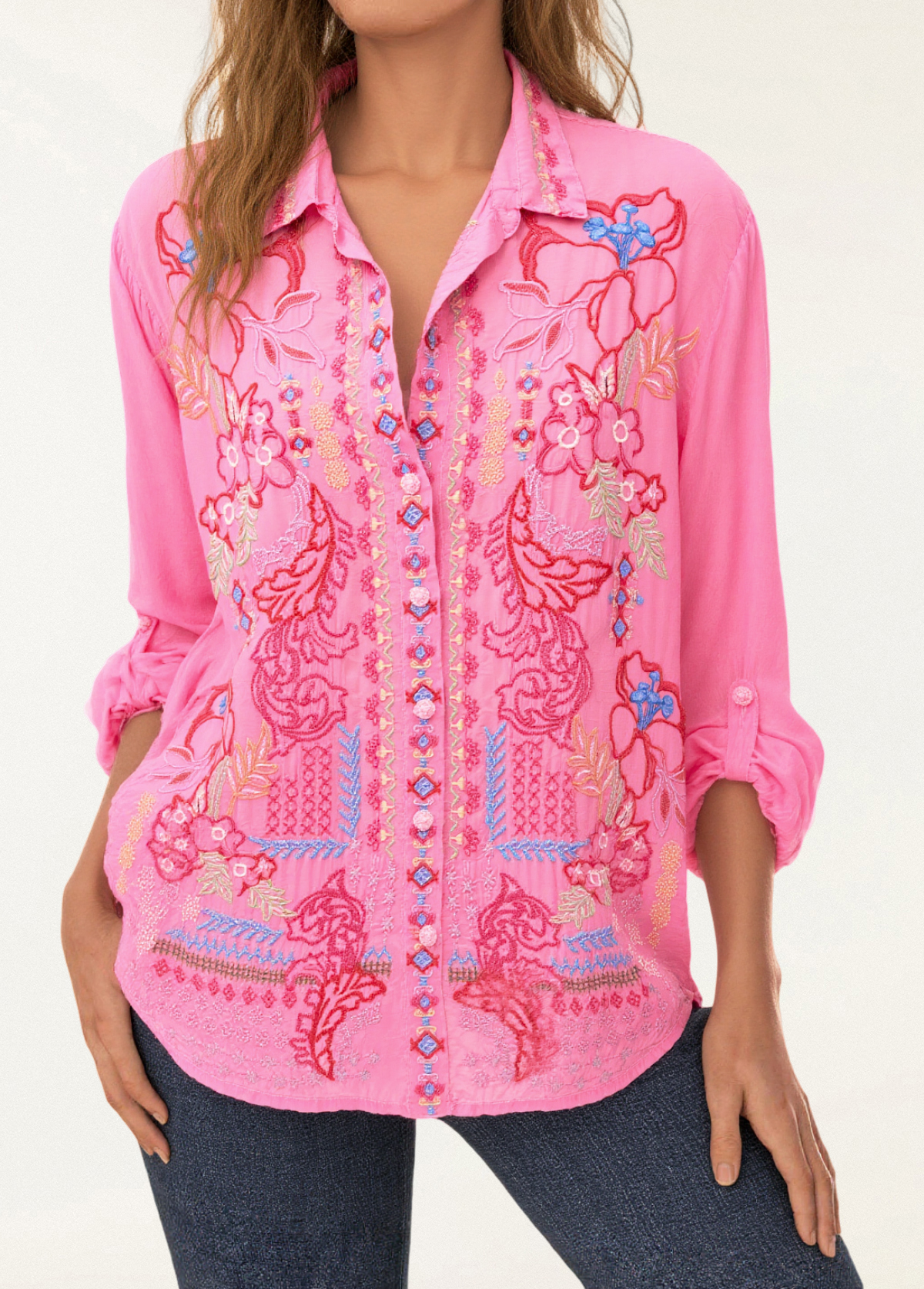 Draped Embroidered Floral Loose-Fitting Shirt
