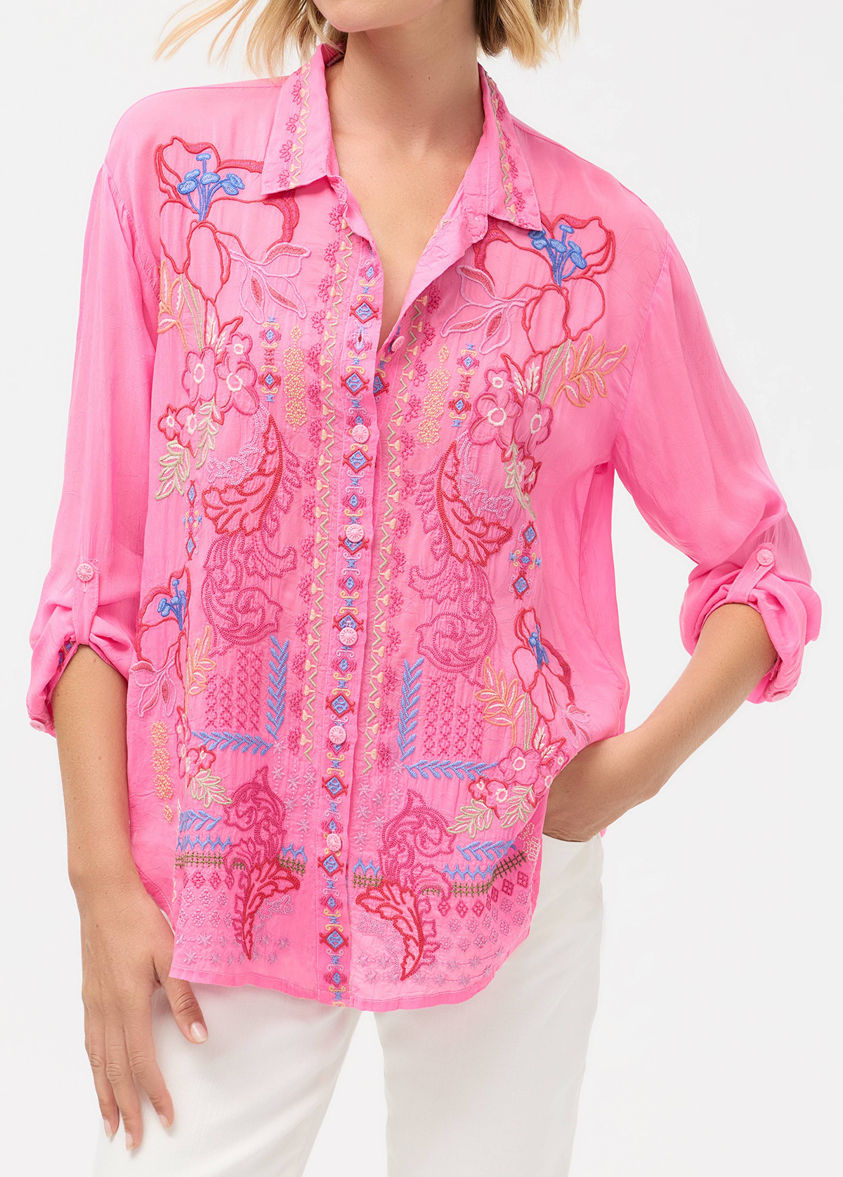 Draped Embroidered Floral Loose-Fitting Shirt