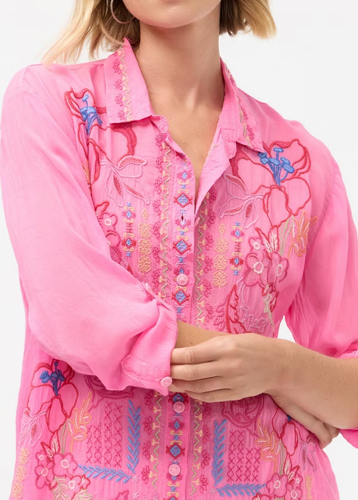 Draped Embroidered Floral Loose-Fitting Shirt