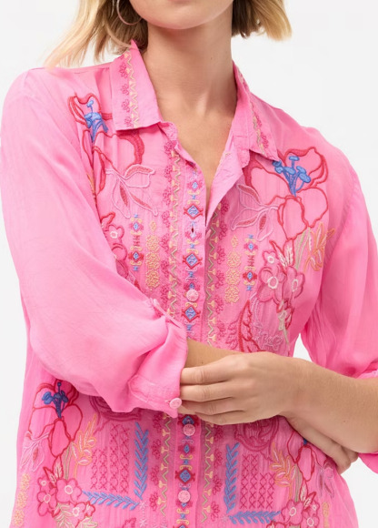 Draped Embroidered Floral Loose-Fitting Shirt
