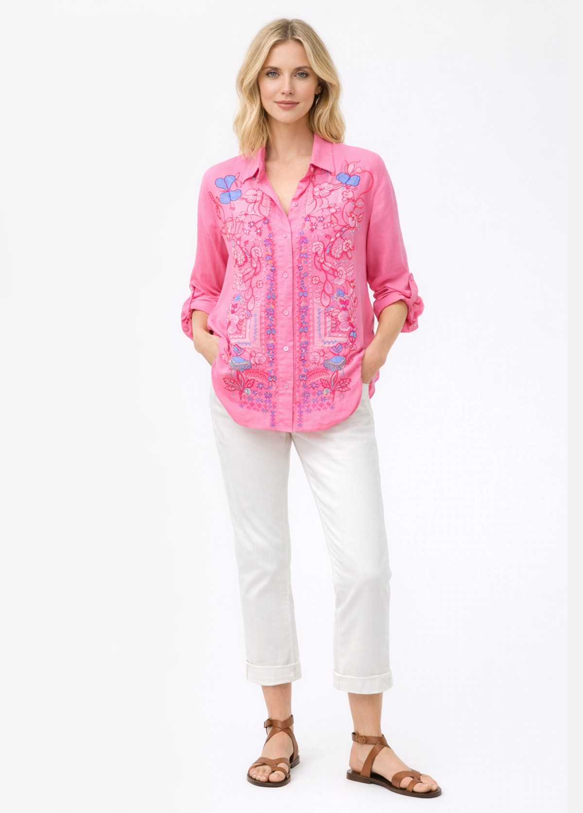 Draped Embroidered Floral Loose-Fitting Shirt
