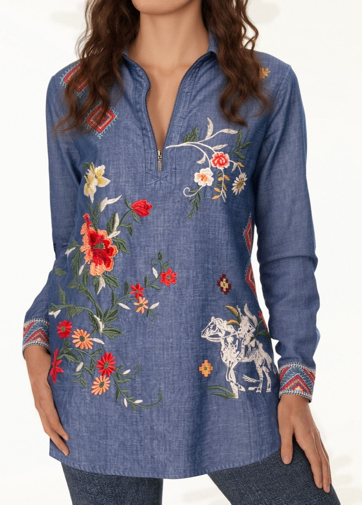 Embroidered Floral Denim Zip-Up Shirt Tunic