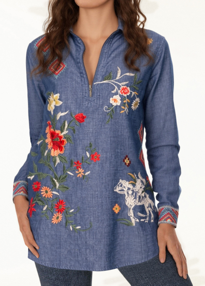 Embroidered Floral Denim Zip-Up Shirt Tunic