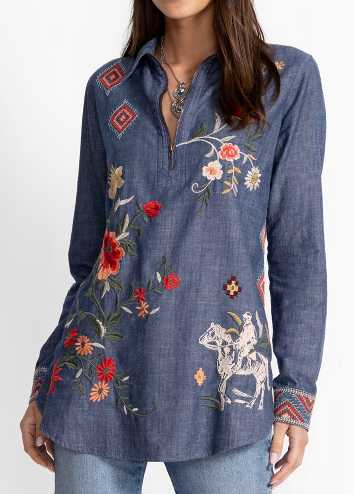 Embroidered Floral Denim Zip-Up Shirt Tunic