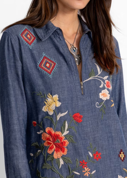 Embroidered Floral Denim Zip-Up Shirt Tunic