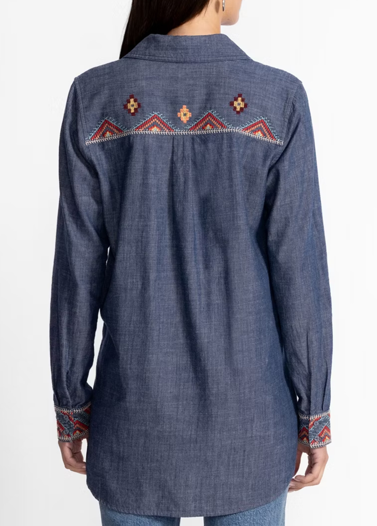 Embroidered Floral Denim Zip-Up Shirt Tunic