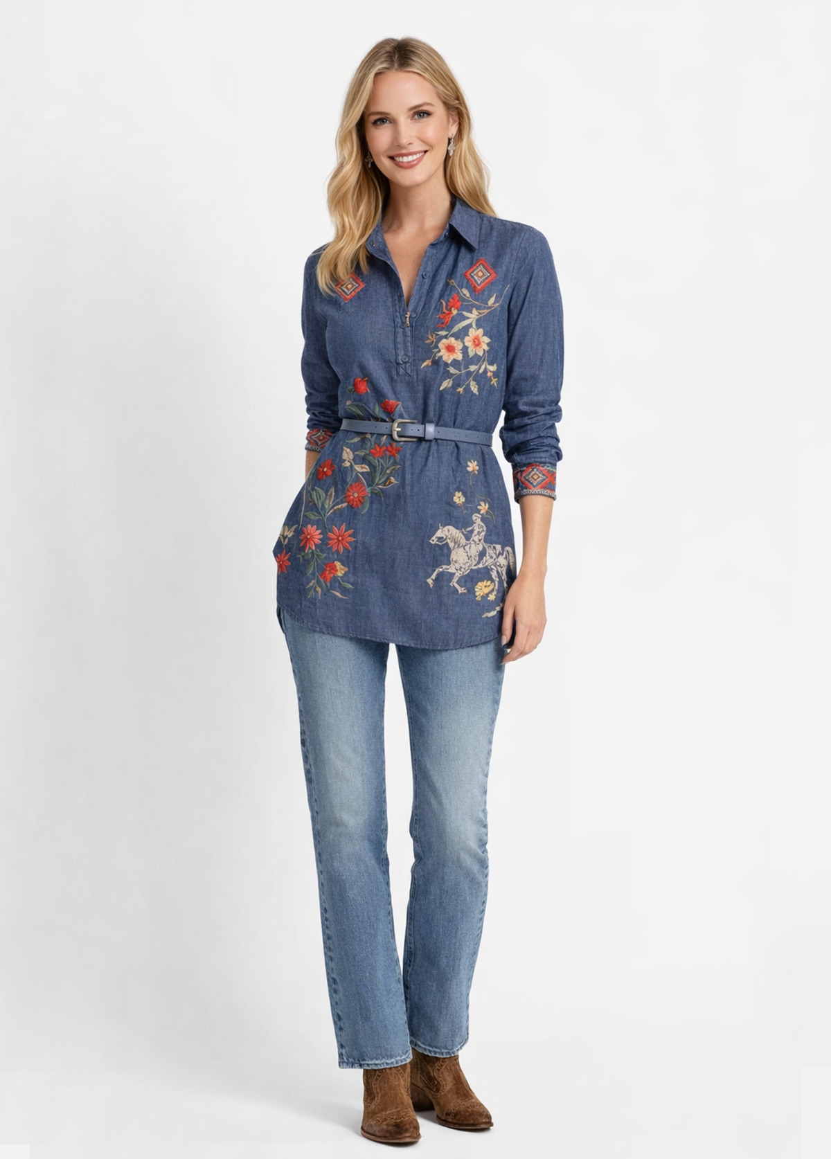 Embroidered Floral Denim Zip-Up Shirt Tunic