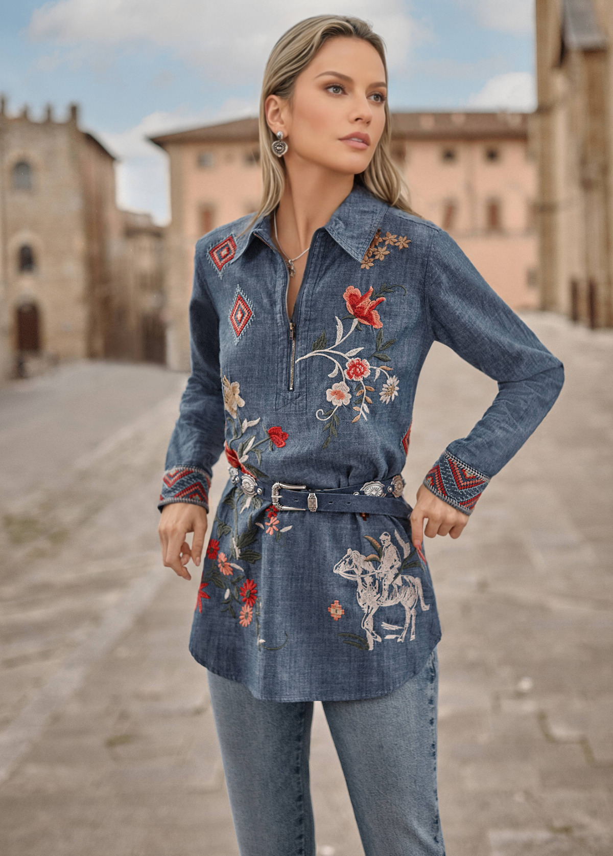 Embroidered Floral Denim Zip-Up Shirt Tunic