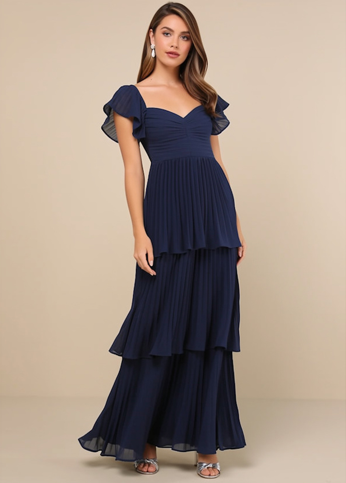 High-Waist Slimming Pleated Flutter Sleeve Maxi Dress