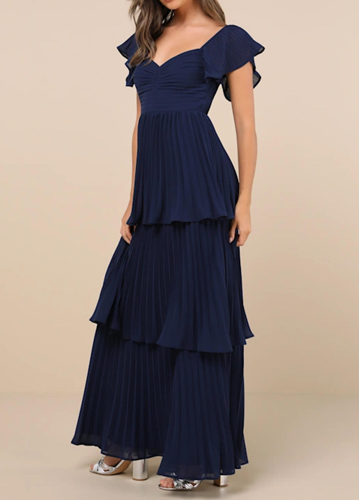 High-Waist Slimming Pleated Flutter Sleeve Maxi Dress