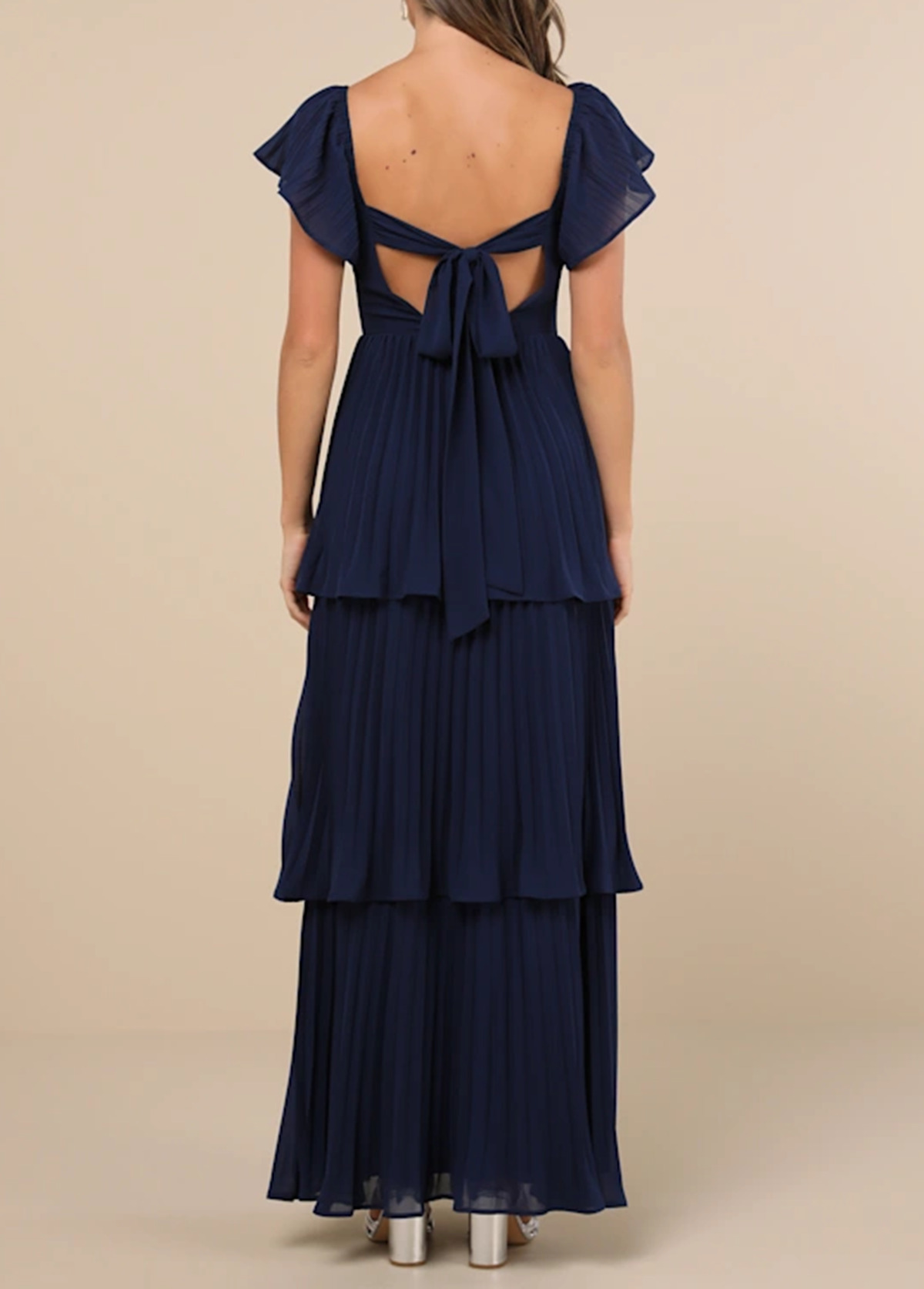 High-Waist Slimming Pleated Flutter Sleeve Maxi Dress