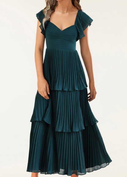 High-Waist Slimming Pleated Flutter Sleeve Maxi Dress