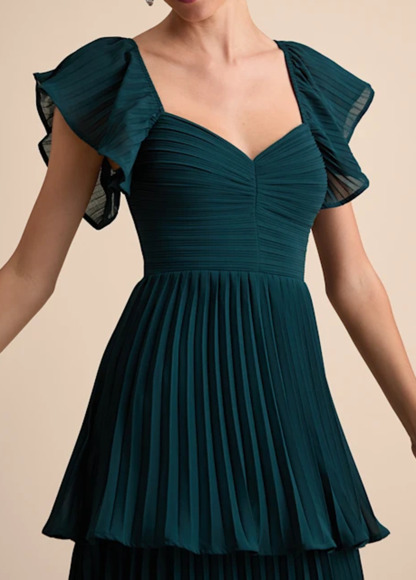 High-Waist Slimming Pleated Flutter Sleeve Maxi Dress