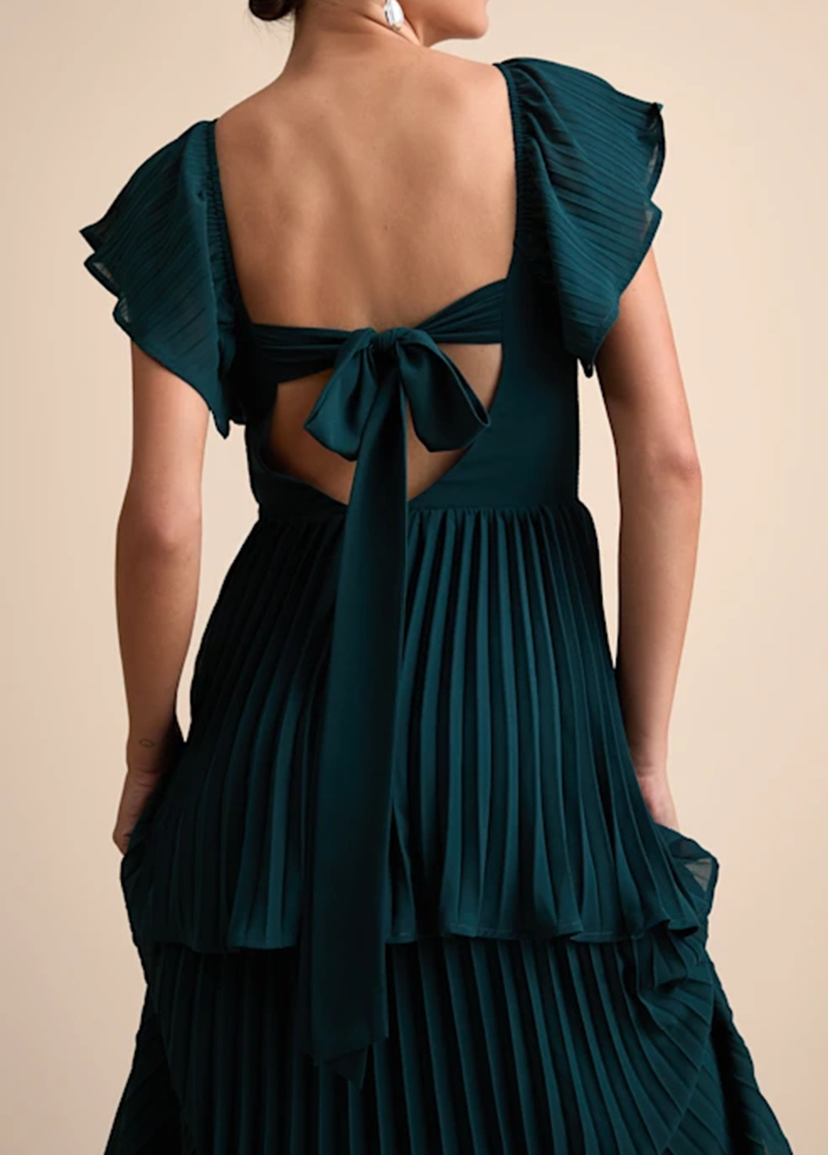 High-Waist Slimming Pleated Flutter Sleeve Maxi Dress