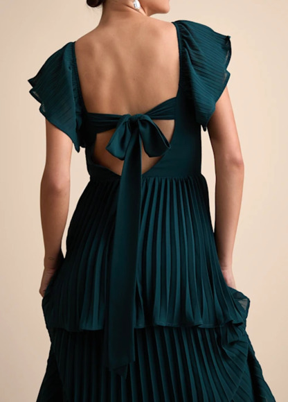 High-Waist Slimming Pleated Flutter Sleeve Maxi Dress