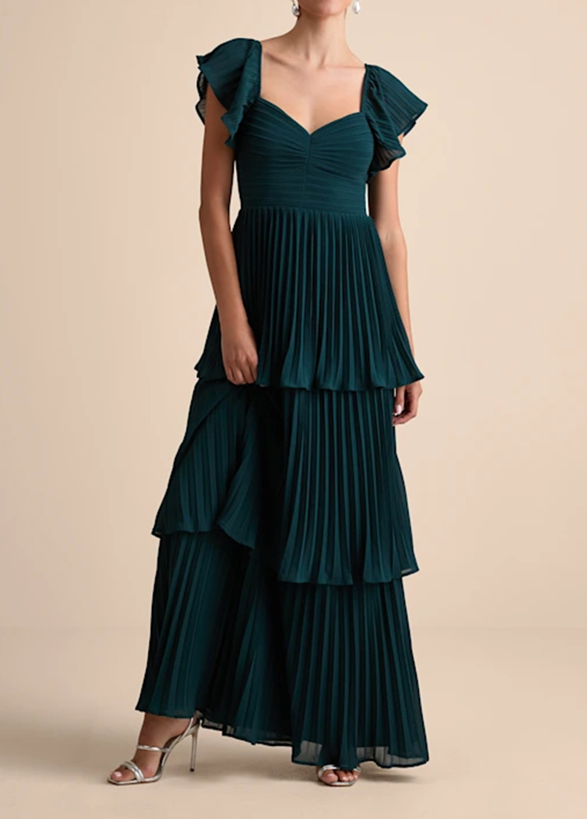 High-Waist Slimming Pleated Flutter Sleeve Maxi Dress