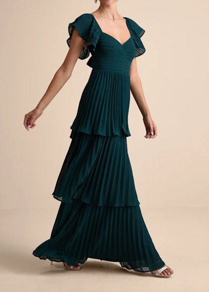 High-Waist Slimming Pleated Flutter Sleeve Maxi Dress