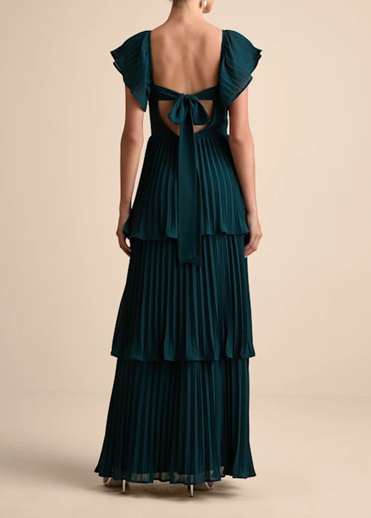 High-Waist Slimming Pleated Flutter Sleeve Maxi Dress