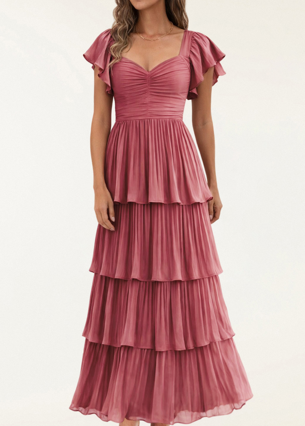High-Waist Slimming Pleated Flutter Sleeve Maxi Dress