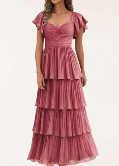 High-Waist Slimming Pleated Flutter Sleeve Maxi Dress