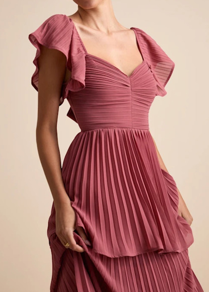 High-Waist Slimming Pleated Flutter Sleeve Maxi Dress