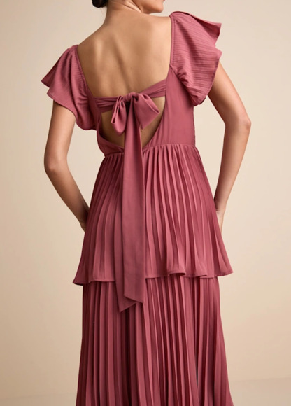 High-Waist Slimming Pleated Flutter Sleeve Maxi Dress