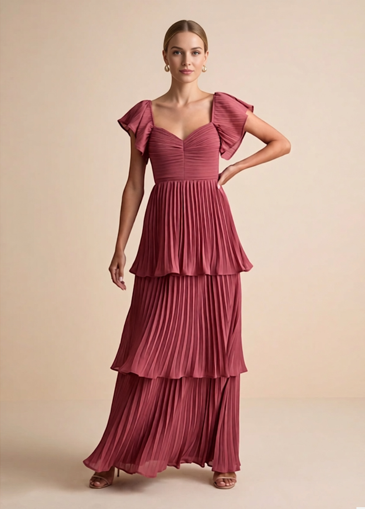 High-Waist Slimming Pleated Flutter Sleeve Maxi Dress