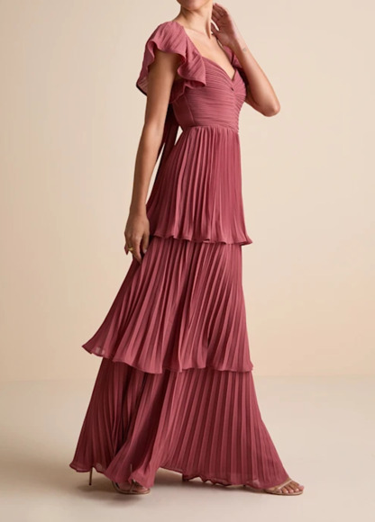 High-Waist Slimming Pleated Flutter Sleeve Maxi Dress