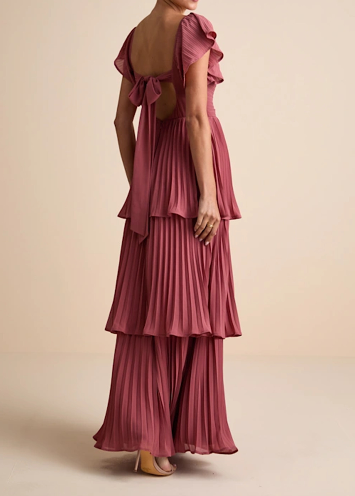 High-Waist Slimming Pleated Flutter Sleeve Maxi Dress