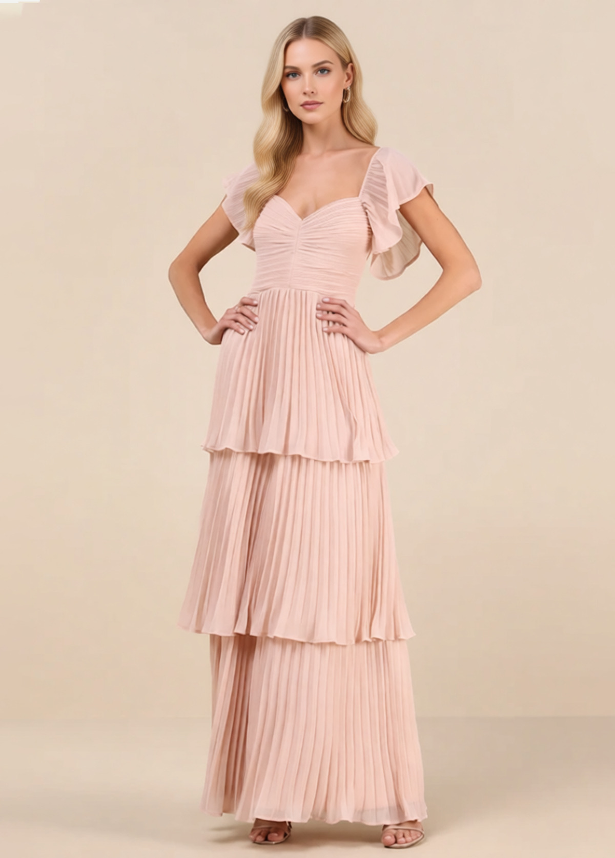 High-Waist Slimming Pleated Flutter Sleeve Maxi Dress