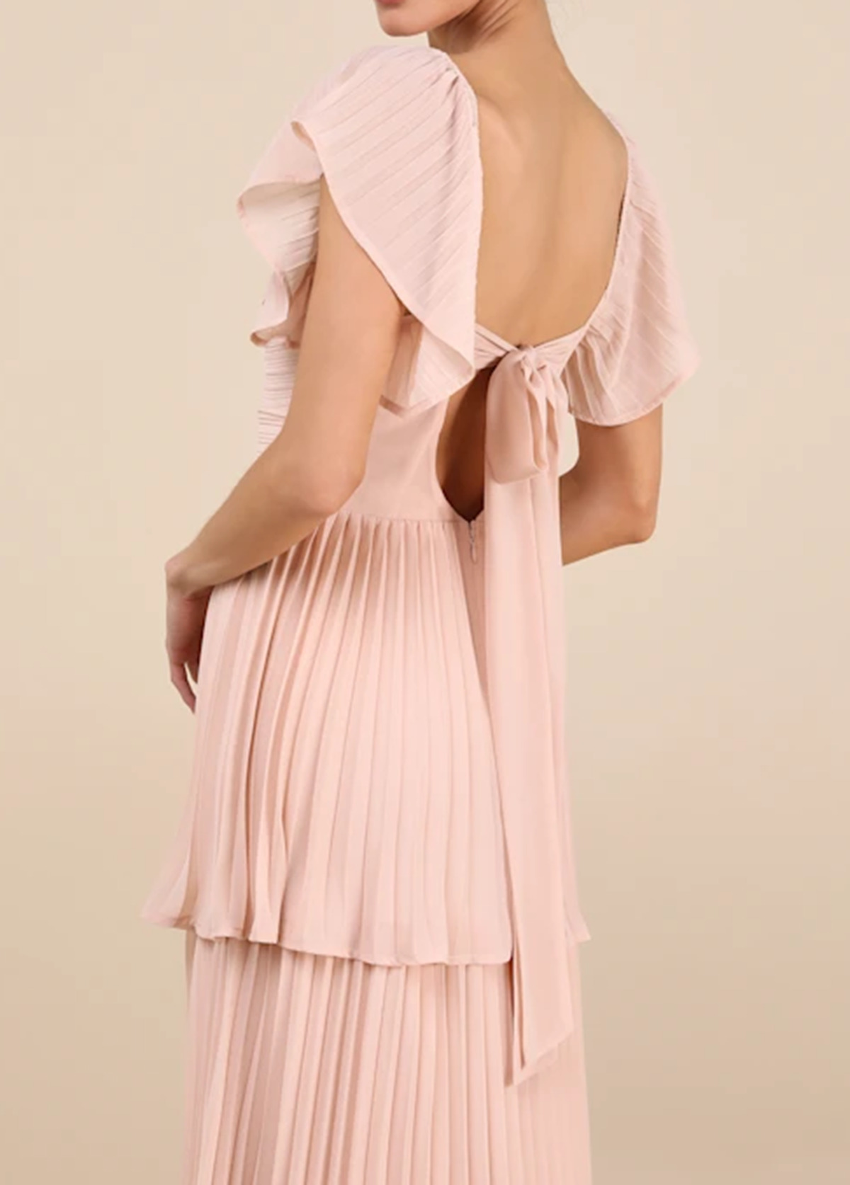 High-Waist Slimming Pleated Flutter Sleeve Maxi Dress